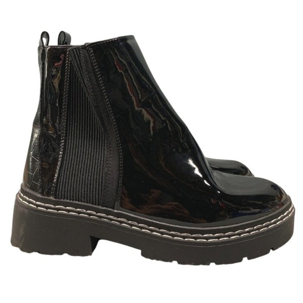 River Island Chelsea Ankle Boots Womens 8 Black Patent Chunky Platform Wide Fit